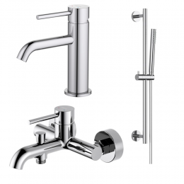 AQ1310CR ЕВРОПА смеситель для раковины 89, без донного клапана + AQ1340CR ЕВРОПА смеситель для ванны + AQ2012CR ЕВРОПА душевой гарнитур 1jet 65 см