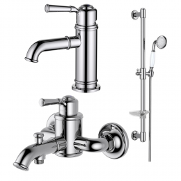 AQ1510CR КЛАССИК смеситель для раковины 72, без донного клапана + AQ1540CR КЛАССИК смеситель для ванны + AQ2020CR КЛАССИК душевой гарнитур 1jet 65 см