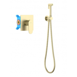 AQ1219BG ОБЕРОН набор с гигиеническим душем (смеситель + гигиеническая лейка + шланг + шланговое подсоединение с держателем), шлиф. золото