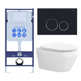 Комплект унитаз с инсталляцией, кнопкой и сиденьем микролифт Aquatek Лея SET AQUATEK ЛЕЯ cm-020 4в1 безободковый