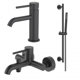 AQ1310MB ЕВРОПА смеситель для раковины 89, без донного клапана, матовый черный + AQ1340MB ЕВРОПА смеситель для ванны, матовый черный + AQ2012MB ЕВРОПА душевой гарнитур 1jet 65 см, матовый черный
