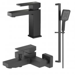 AQ1610MB ЛИБРА смеситель для раковины 114, без донного клапана, матовый черный + AQ1640MB ЛИБРА смеситель для ванны, матовый черный + AQ2019MB ЛИБРА душевой гарнитур 3jet 68 см, матовый черный