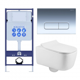 Комплект унитаз с инсталляцией, кнопкой и сиденьем микролифт Aquatek Лугано SET AQUATEK ЛУГАНО-016 4в1 безободковый