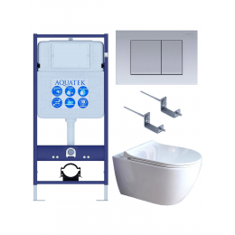 Комплект унитаз с инсталляцией, кнопкой и сиденьем микролифт SET AQUATEK ПОЛАРИС-01-011 4в1 безободковый