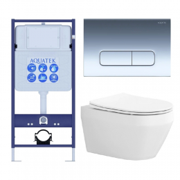 Комплект унитаз с инсталляцией, кнопкой и сиденьем микролифт Aquatek Лея SET AQUATEK ЛЕЯ cm-016 4в1 безободковый