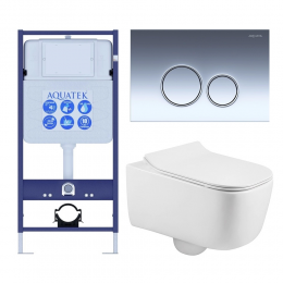 Комплект унитаз с инсталляцией, кнопкой и сиденьем микролифт Aquatek Лугано SET AQUATEK ЛУГАНО-018 4в1 безободковый