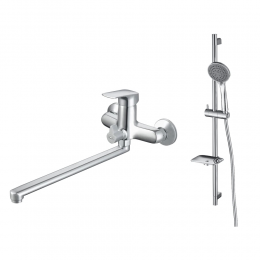 AQ1042CR ВЕГА смеситель для ванны с длинным изливом + AQ2011CR ВЕГА душевой гарнитур 3jet 73см