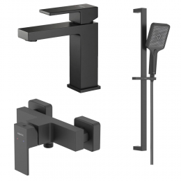 AQ1631MB ЛИБРА Комплект 3 в 1: Смеситель для раковины + смес. для душа + душевой гарнитур 3jet 68 см, матовый черный