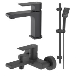 AQ1410MB ЛИРА смеситель для раковины 103, без донного клапана, матовый черный + AQ1440MB ЛИРА смеситель для ванны, матовый черный + AQ2018MB ЛИРА душевой гарнитур 3jet 65 см, матовый черный