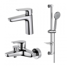 AQ1110CR БЕТТА смеситель для раковины 98, без донного клапана + AQ1140CR БЕТТА смеситель для ванны + AQ2013CR БЕТТА душевой гарнитур 3jet 65 см