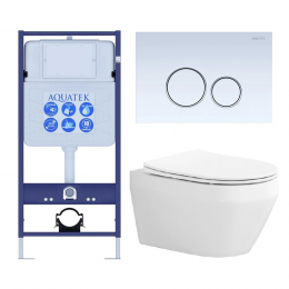 Комплект унитаз с инсталляцией, кнопкой и сиденьем микролифт Aquatek Лея SET AQUATEK ЛЕЯ cm-015 4в1 безободковый