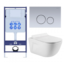 Комплект унитаз с инсталляцией, кнопкой и сиденьем микролифт Aquatek Дива SET AQUATEK ДИВА-019 4в1 безободковый