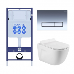 Комплект унитаз с инсталляцией, кнопкой и сиденьем микролифт Aquatek Дива SET AQUATEK ДИВА 4в1 безободковый