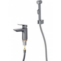 AQ1012BGM ВЕГА смеситель для раковины 97 с гигиеническим ручным душем, оружейная сталь