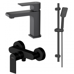 AQ1431MB ЛИРА Set 3 в 1: смеситель для раковины + смес. для душа + душевой гарнитур 3jet 65 см, матовый черный