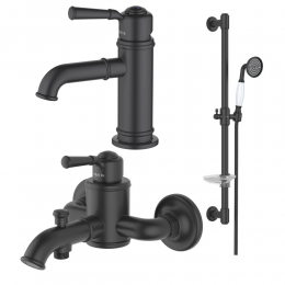 AQ1510MB КЛАССИК смеситель для раковины 72, без донного клапана, матовый черный + AQ1540MB КЛАССИК смеситель для ванны, матовый черный + AQ2020MB КЛАССИК душевой гарнитур 1jet 65 см, матовый черный