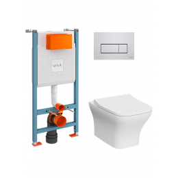 Комплект унитаз с инсталляцией, кнопкой и сиденьем микролифт VitrA Zentrum Square 9875B003-7201 безободковый