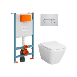 Комплект унитаз с инсталляцией, кнопкой и сиденьем микролифт VitrA Integra Square 9856B003-7207 безободковый